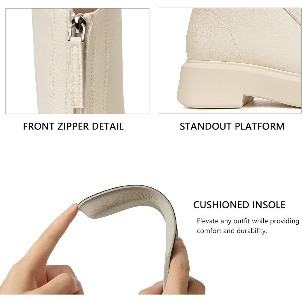 Women's White Leather Platform Chelsea Boots Front Zip Chunky Combat Bootie - Picture 5 of 6